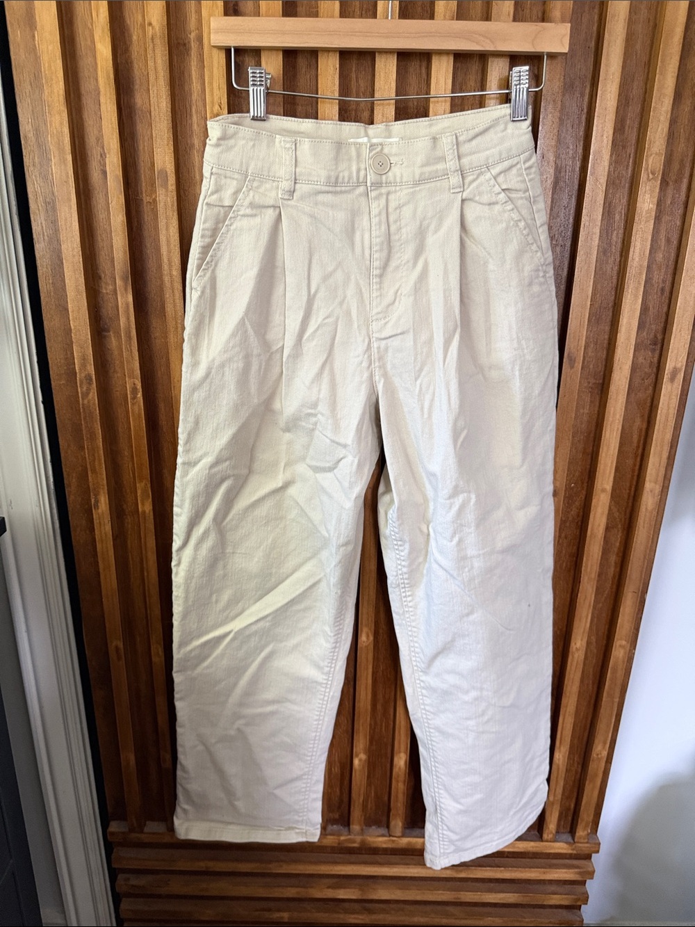 Oak + Fort Pleated Cream Tan Straight Leg Jean. 2